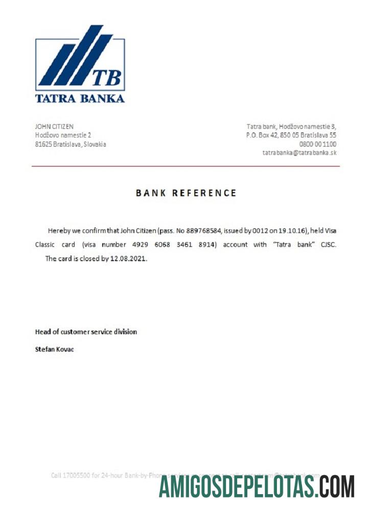 Referência de encerramento do banco Tatra da Eslováquia exemplo real